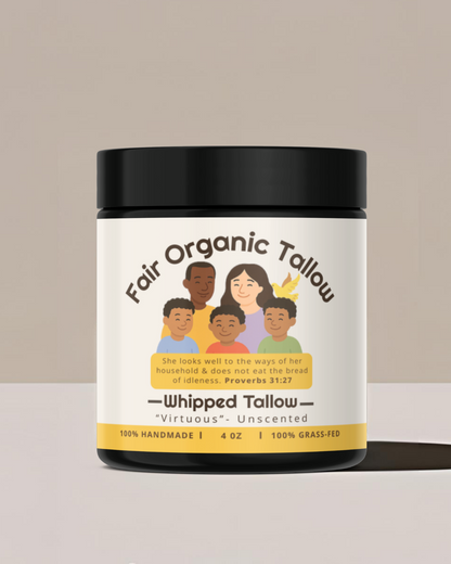 Fair Organics Virtuous unscented whipped tallow balm in a 4 oz glass jar with a black lid