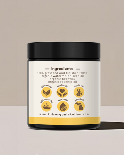 Ingredients panel on the Virtuous jar: grass-fed tallow, organic watermelon seed oil, organic beeswax, organic rosehip oil